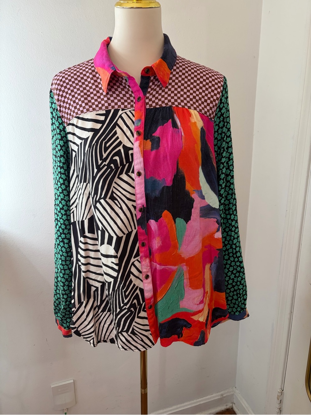 Mauve Anthropoloy Art to Wear Multicolor Checker & Colorblock bottom down Shirt